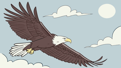 Obraz premium Majestic American bald eagle soaring through the blue sky with white clouds symbol of freedom power nature wildlife bird of prey