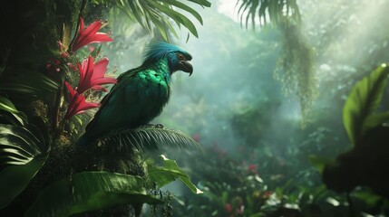 Vibrant blue-green parrot perched on lush tropical foliage in a misty jungle setting.
