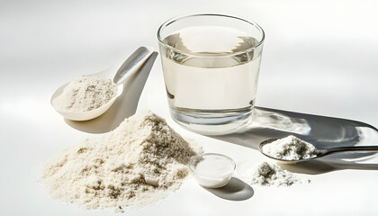 Fototapeta premium Hydrolyzed collagen protein powder in various stages with glass of water and spoon on transparent background showcasing multiple textures and forms of powder in separate compositions