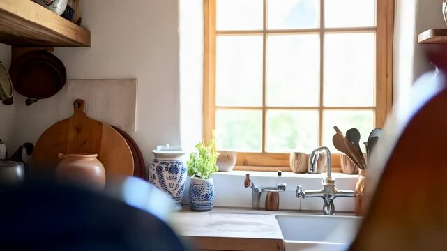 Decorative rooster figurine stands on counter in bright farmhouse kitchen with pots, ceramic jars, and window light