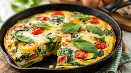Fluffy frittata stuffed with colorful vegetables such as cherry tomatoes, spinach, bell peppers and processed cheese. The dish is served in a frying pan.