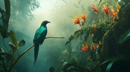 A vibrant blue bird perched on a branch amidst lush, misty rainforest foliage with vibrant orange flowers.