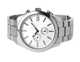 Elegant silver wristwatch on white background