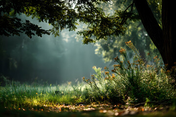 A picturesque summer meadow with blurred green trees and sunbeams, creating a natural landscape background    -