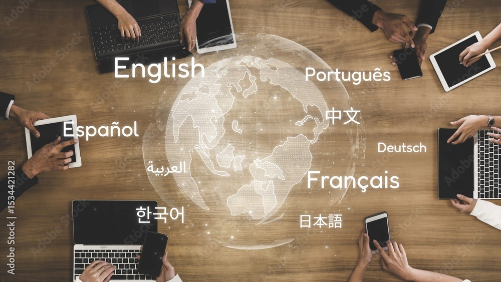 Poster global communication with multiple languages, digital translation tools, multilingual technology, cr