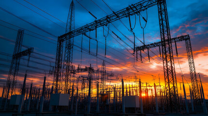 A brightly lit power substation against a twilight sky, showcasing electrical equipment and transmission towers.