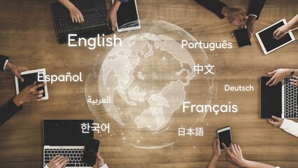Global communication with multiple languages, digital translation tools, multilingual technology,...