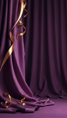 Elegant purple satin fabric with gold ribbons. Luxurious silk drapery, creating sophisticated backdrop for design. Decorative ribbons wind through fabric folds. Stylish template.