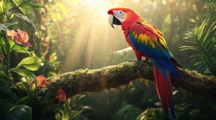 Scarlet macaw perched on a mossy branch in a sun-dappled rainforest.