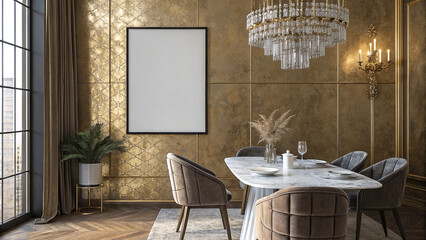 Elegant Modern Dining Room with Luxurious Golden Accents and a Stylish Blank Poster Frame for Timeless Sophistication