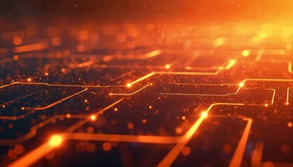 Abstract orange background, network connections, glowing circuit lines, tech illustration, digital technology, cyberspace theme, innovation, modern design. Computing data transfer, futuristic design,
