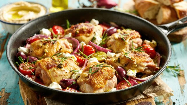 Chicken thighs surrounded by cherry tomatoes, olives, red onion and feta cheese. A little olive oil is poured on top. In the background is a table with a bowl of hummus and a loaf of crusty bread.