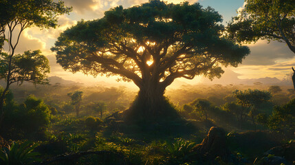 Obraz premium Sunlight filtering through a majestic tree in a lush, expansive savanna landscape