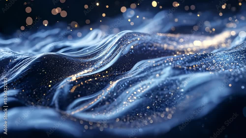 Poster tech-inspired blue wave golden particle fluid motion background