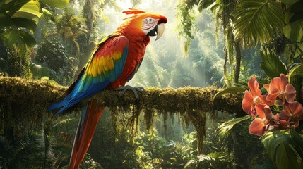 Vibrant scarlet macaw perched on a mossy branch in a lush rainforest, sunlight filtering through the canopy.