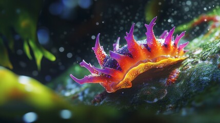 Vibrant, bioluminescent sea slug with spiky texture on dark background.