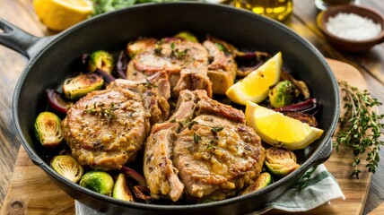 Fototapeta premium Juicy pork chops in lemon-garlic-butter sauce with fried Brussels sprouts and caramelized onions. The dish is decorated with lemon slices and sprigs of fresh thyme.