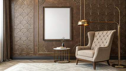 Elegant Living Room with Tufted Armchair and Decorative Gold Accents Showcasing a Blank Poster Frame for Personalized Style