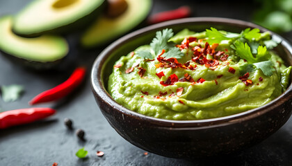 Avocado cream seasoned with sriracha, chili flakes, and fresh coriander, served with sliced avocado and red chilies, offers a vibrant, spicy, and healthy appetizer or snack