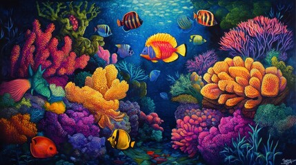 Vibrant coral reef teeming with diverse fish species, showcasing underwater biodiversity and colorful marine life.