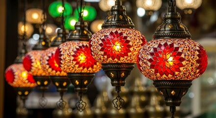 A mesmerizing close-up of multiple traditional mosaic lamps