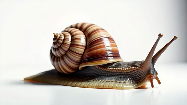  Realistic 3D snail with striped spiral shell isolated on white background, symbolizing patience and nature&rsquo;s design