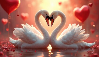 Two white swans form heart shape kissing. Romantic birds at valentine background with hearts. Love, relationship, dating concept, wedding, proposal idea, passion, honeymoon, engagement. © Viktor