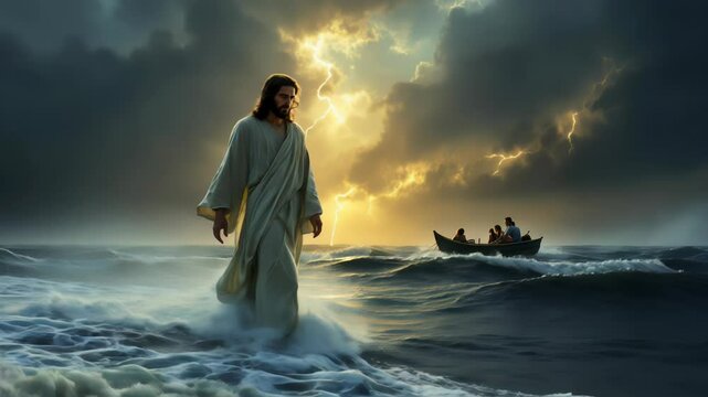 Jesus Christ Walking on Water During Powerful Storm in Sea of Galilee, Depicting Biblical Miracle from New Testament Scripture Story