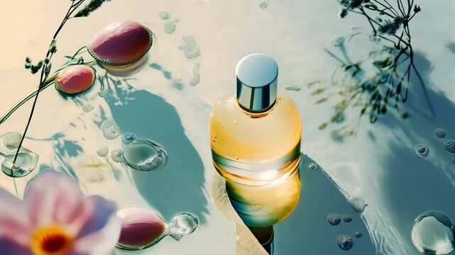 a perfume bottle resting on a reflective surface, surrounded by water droplets and delicate flowers in shades of pink and white