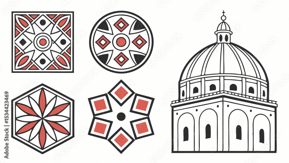 Poster Vector Illustration Set of Decorative Geometric Patterns and Classical Architecture Dome Building Design Elements