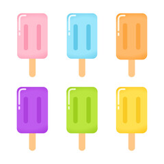 Ice cream bar icon collection. Pastel colored fruity set of six frozen popsicles. Tasty cute appetizing food collection. Vector illustration