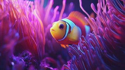 Vibrant orange clownfish amidst purple sea anemone.