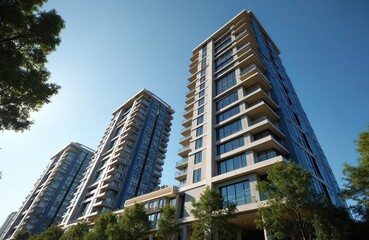Residential high rise apartment buildings in Sydney Australia. Modern residential complex in suburbia. Urban living at high density. Contemporary design. Blue sky background. Green trees frame