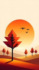 Three birds fly across a fiery sunset, silhouetted against a large orange sun above a stylized landscape of autumnal trees and rolling hills