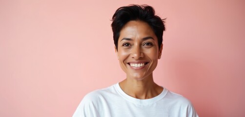 Portrait of middle-aged hispanic woman smiles widely. Attractive latin female on solid rose background. Happy person with short dark hair, casual outfit, casual clothes. Mature adult positive