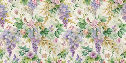 Beautiful floral pattern featuring vibrant purple and pastel blooms.