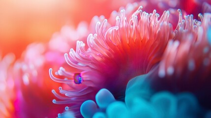 Vibrant coral polyps underwater, close-up showcasing intricate details and textures.