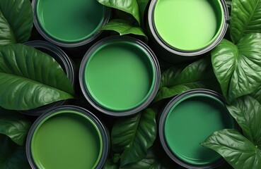 Green paint cans rest atop lush green leaves. Paint cans contain various shades of green paint, perfect for eco-friendly craft, DIY decor, sustainable living, home design projects.