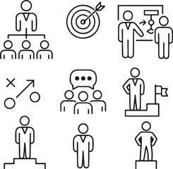 Business Leadership and Strategy Outline Icons: Team Hierarchy, Goals, and Success