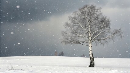 Fototapeta premium Solitary birch tree in a snowstorm winter landscape