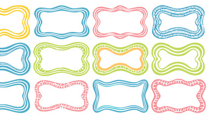 Fototapeta premium Collection of hand drawn colorful wavy frames different shapes. Summer decorative frames. Modern trendy borders for wedding invitation, birthday card, social media template. Vector illustration.doodle