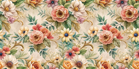 Elegant floral pattern featuring vibrant blooms in soft pastel colors.