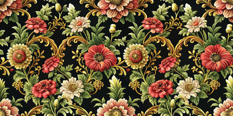 Colorful floral pattern featuring red and cream flowers on a dark background.
