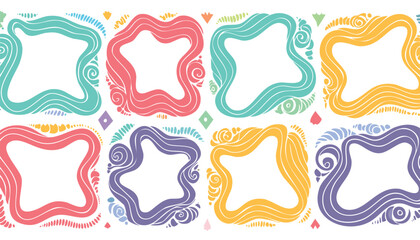 Collection of hand drawn colorful wavy frames different shapes. Summer decorative frames. Modern trendy borders for wedding invitation, birthday card, social media template. Vector illustration.doodle