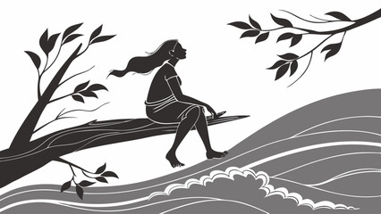 Woman silhouette sitting on tree branch over water peaceful nature solitude freedom contemplation