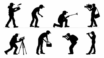 Obraz premium Silhouettes of people with cameras, filming, photography, videography, media production set.