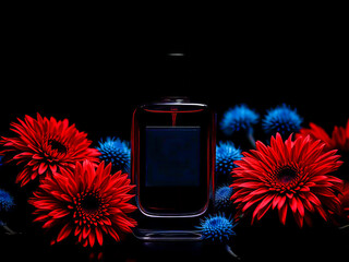 Mysterious fragrance: black background and scarlet petals. Perfume bottle.
