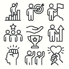 Goal Achievement & Success Outline Icons: Leadership, Teamwork, Target, and Victory Symbols