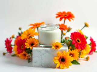 Eco-cream with calendula extract among fresh flowers. Facial care.