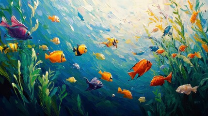 Vibrant underwater scene with colorful fish swimming among lush seaweed in sunlight.